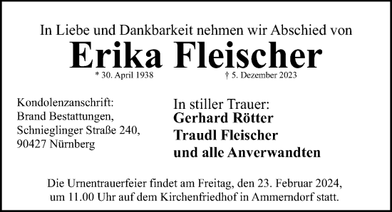 Traueranzeige von Erika Fleischer von Gesamtausgabe Nürnberger Nachrichten/ Nürnberger Ztg.