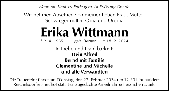 Traueranzeige von Erika Wittmann von Gesamtausgabe Nürnberger Nachrichten/ Nürnberger Ztg.