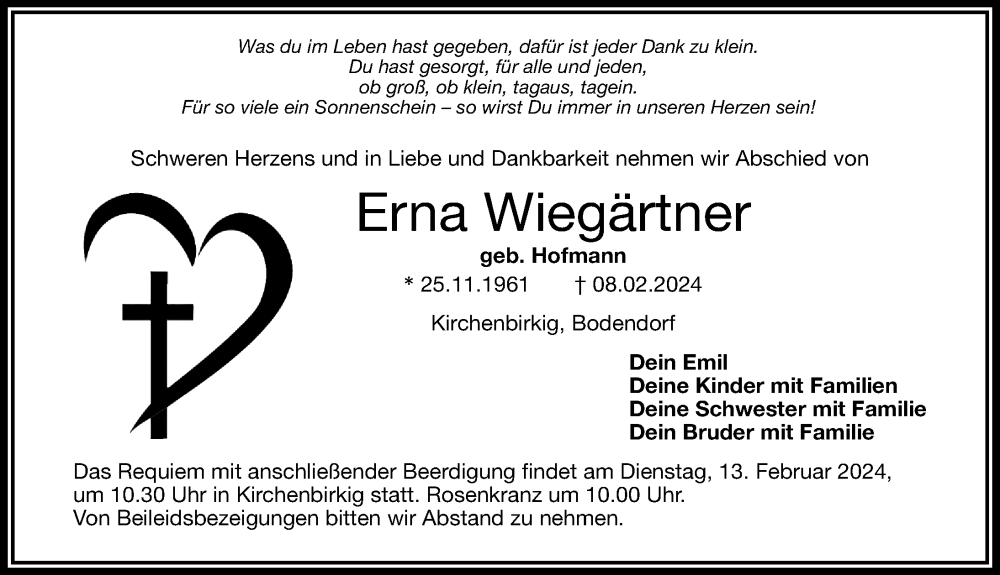  Traueranzeige für Erna Wiegärtner vom 10.02.2024 aus Nordbayerische Nachrichten Pegnitz Lokal
