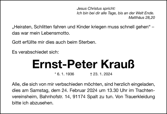 Traueranzeige von Ernst-Peter Krauß von Gesamtausgabe Nürnberger Nachrichten/ Nürnberger Ztg./ Roth-Hilpoltsteiner Volkszeitung