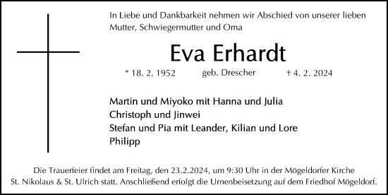 Traueranzeige von Eva Erhardt von Gesamtausgabe Nürnberger Nachrichten/ Nürnberger Ztg.