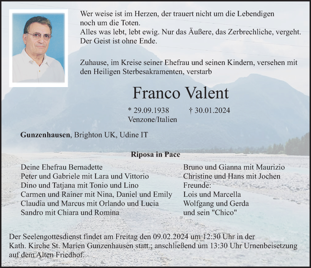  Traueranzeige für Franco Valent vom 06.02.2024 aus Altmühl-Bote Lokal