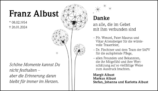 Traueranzeige von Franz Albust von Roth-Hilpoltsteiner Volkszeitung Lokal