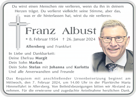 Traueranzeige von Franz Albust von Roth-Hilpoltsteiner Volkszeitung Lokal