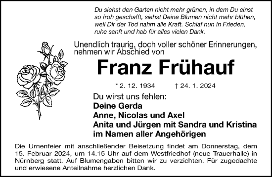 Traueranzeige von Franz Frühauf von Gesamtausgabe Nürnberger Nachrichten/ Nürnberger Ztg.