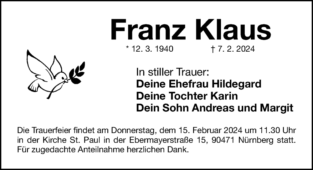  Traueranzeige für Franz Klaus vom 10.02.2024 aus Gesamtausgabe Nürnberger Nachrichten/ Nürnberger Ztg.