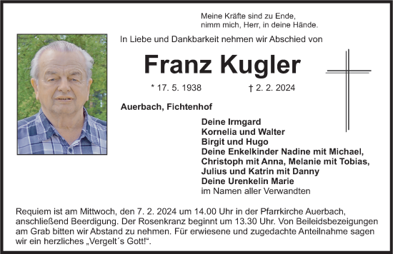 Traueranzeige von Franz Kugler von Nordbayerische Nachrichten Pegnitz Lokal