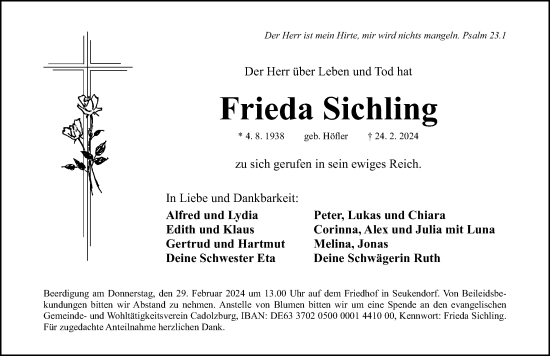 Traueranzeige von Frieda Sichling von Fürther Nachrichten Lokal