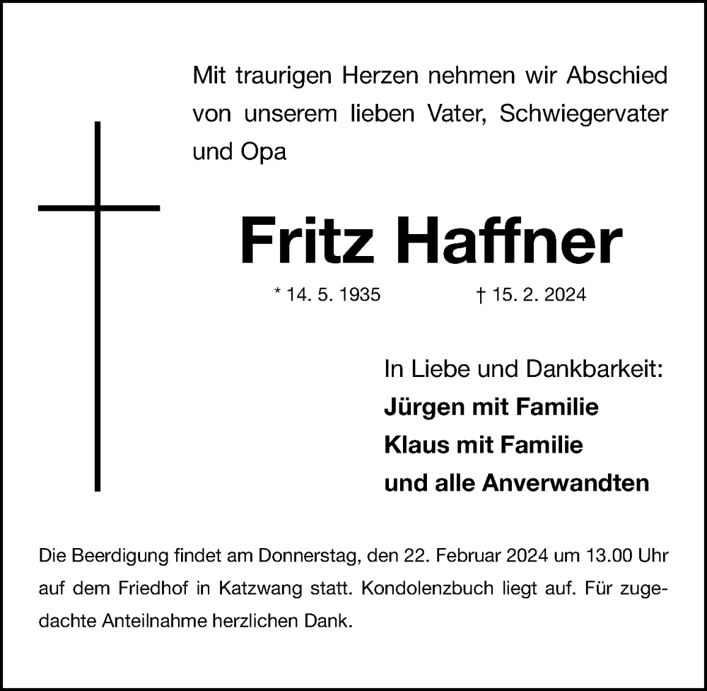  Traueranzeige für Fritz Haffner vom 20.02.2024 aus Gesamtausgabe Nürnberger Nachrichten/ Nürnberger Ztg.