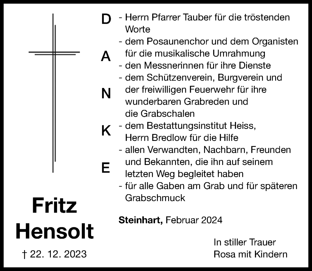  Traueranzeige für Fritz Hensolt vom 06.02.2024 aus Altmühl-Bote Lokal