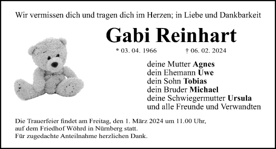 Traueranzeige von Gabi Reinhart von Gesamtausgabe Nürnberger Nachrichten/ Nürnberger Ztg.