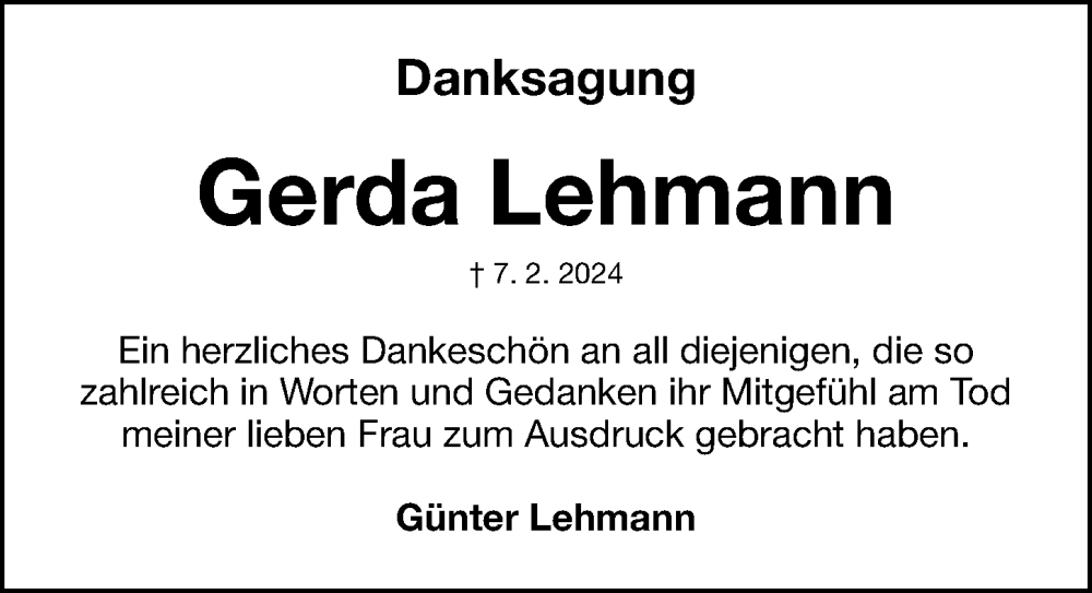  Traueranzeige für Gerda Lehmann vom 26.02.2024 aus Fürther Nachrichten Lokal