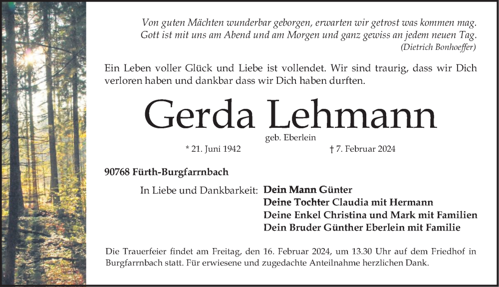  Traueranzeige für Gerda Lehmann vom 12.02.2024 aus Fürther Nachrichten Lokal