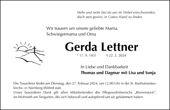 Traueranzeige von Gerda Lettner von Gesamtausgabe Nürnberger Nachrichten/ Nürnberger Ztg.