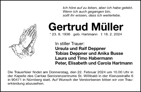 Traueranzeige von Gertrud Müller von Gesamtausgabe Nürnberger Nachrichten/ Nürnberger Ztg.