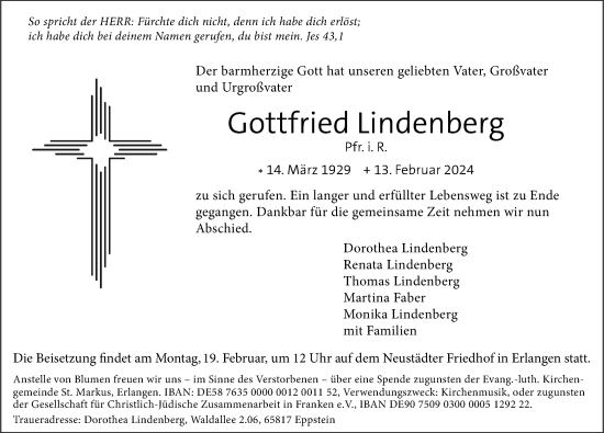 Traueranzeige von Gottfried Lindenberg von Gesamtausgabe Nürnberger Nachrichten/ Nürnberger Ztg.