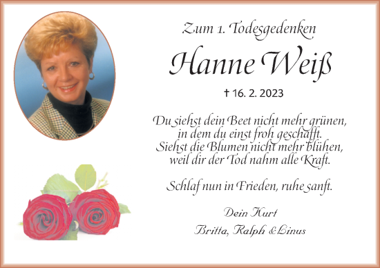 Traueranzeige von Hanne Weiß von Gesamtausgabe Nürnberger Nachrichten/ Nürnberger Ztg.