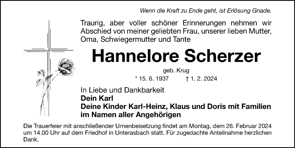  Traueranzeige für Hannelore Scherzer vom 21.02.2024 aus Gesamtausgabe Nürnberger Nachrichten/ Nürnberger Ztg.