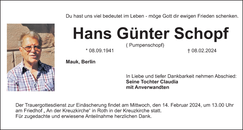  Traueranzeige für Hans  Schopf vom 12.02.2024 aus Roth-Hilpoltsteiner Volkszeitung Lokal