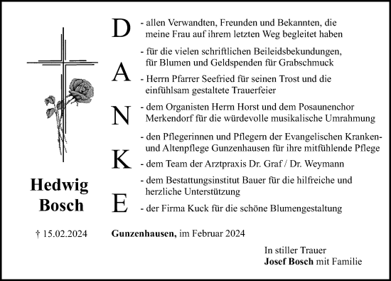 Traueranzeige von Hedwig Bosch von Altmühl-Bote Lokal