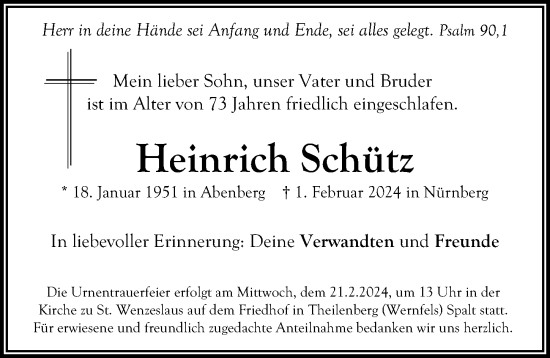 Traueranzeige von Heinrich Schütz von Gesamtausgabe Nürnberger Nachrichten/ Nürnberger Ztg./ Schwabach