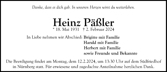 Traueranzeige von Heinz Päßler von Gesamtausgabe Nürnberger Nachrichten/ Nürnberger Ztg.