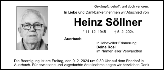 Traueranzeige von Heinz Söllner von Nordbayerische Nachrichten Pegnitz Lokal