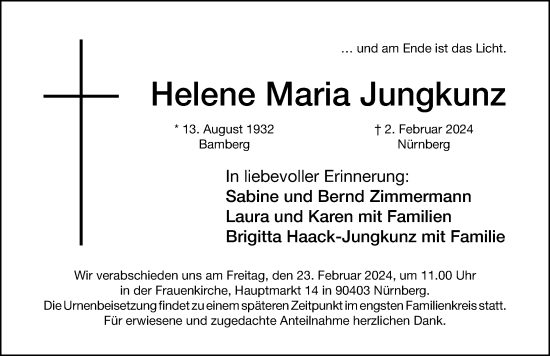 Traueranzeige von Helene Maria Jungkunz von Gesamtausgabe Nürnberger Nachrichten/ Nürnberger Ztg.