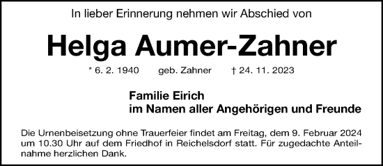 Traueranzeige von Helga Aumer-Zahner von Gesamtausgabe Nürnberger Nachrichten/ Nürnberger Ztg.