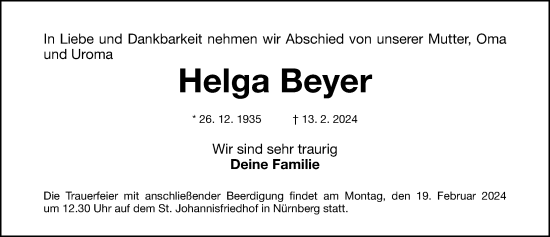 Traueranzeige von Helga Beyer von Gesamtausgabe Nürnberger Nachrichten/ Nürnberger Ztg.