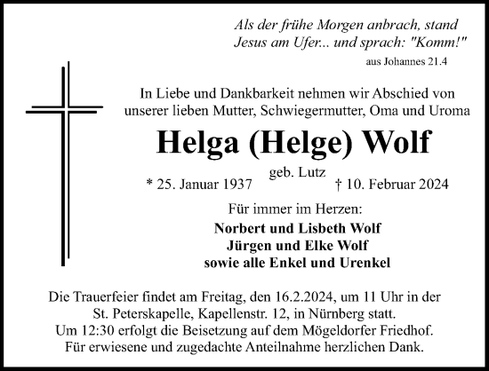 Traueranzeige von Helga Wolf von Gesamtausgabe Nürnberger Nachrichten/ Nürnberger Ztg.