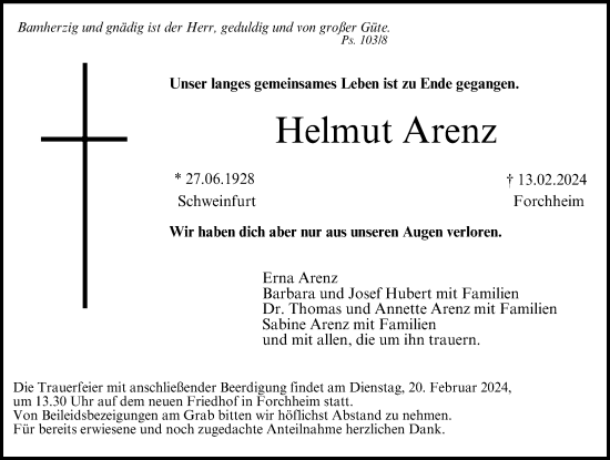 Traueranzeige von Helmut Arenz von Nordbayerische Nachrichten Forchheim Lokal