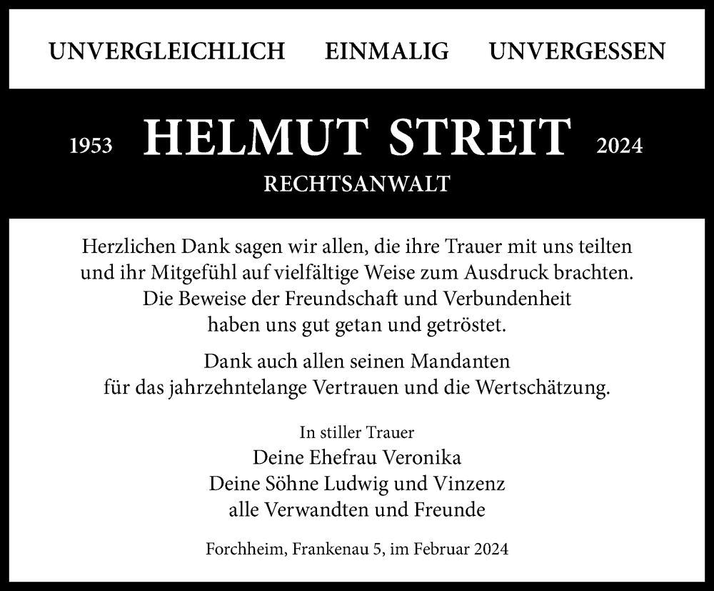  Traueranzeige für Helmut Streit vom 10.02.2024 aus Nordbayerische Nachrichten Forchheim Lokal