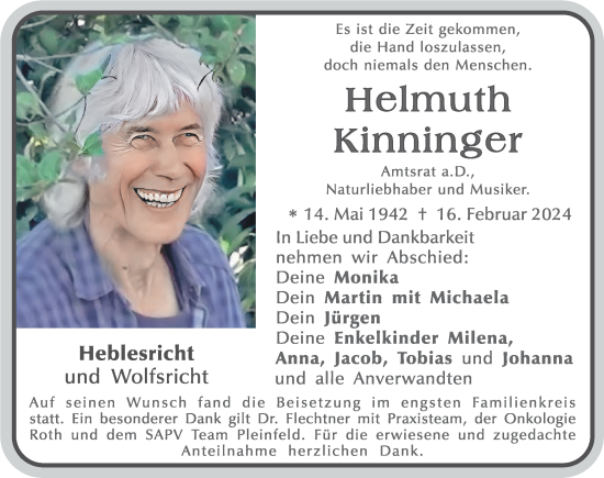Traueranzeige von Helmuth Kinninger von Roth-Hilpoltsteiner Volkszeitung Lokal