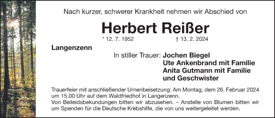 Traueranzeige von Herbert Reißer von Fürther Nachrichten Lokal
