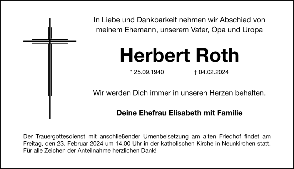  Traueranzeige für Herbert Roth vom 17.02.2024 aus Nordbayer. Nachrichten Forchheim/ Erlanger Nachrichten