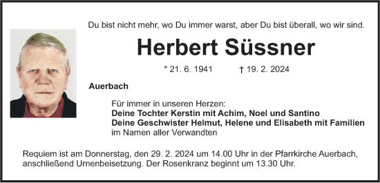 Traueranzeige von Herbert Süssner von Nordbayerische Nachrichten Pegnitz Lokal