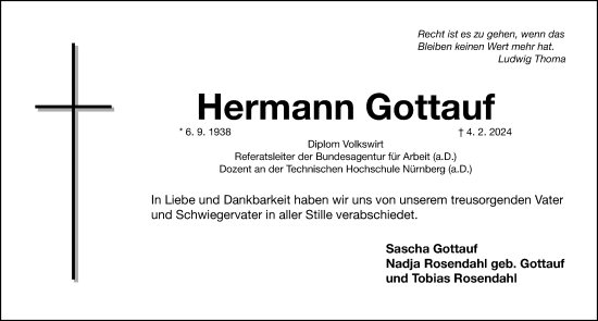 Traueranzeige von Hermann Gottauf von Gesamtausgabe Nürnberger Nachrichten/ Nürnberger Ztg.