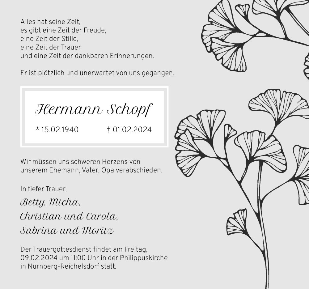  Traueranzeige für Hermann Schopf vom 07.02.2024 aus Gesamtausgabe Nürnberger Nachrichten/ Nürnberger Ztg.