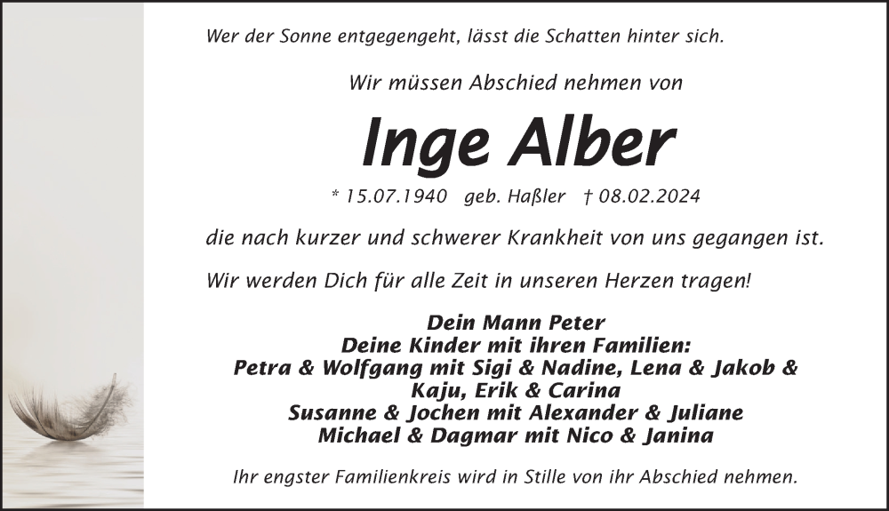  Traueranzeige für Inge Alber vom 22.02.2024 aus Nordbayerische Nachrichten Herzogenaurach Lokal
