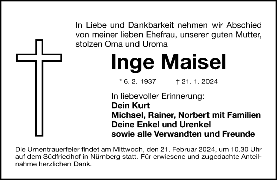Traueranzeige von Inge Maisel von Gesamtausgabe Nürnberger Nachrichten/ Nürnberger Ztg.