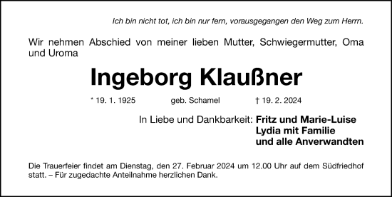 Traueranzeige von Ingeborg Klaußner von Gesamtausgabe Nürnberger Nachrichten/ Nürnberger Ztg.