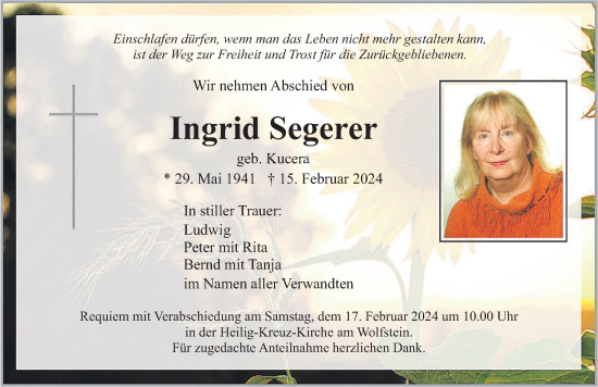 Traueranzeige von Ingrid Segerer von Neumarkter Nachrichten Lokal