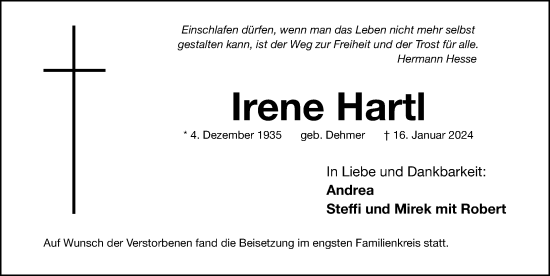 Traueranzeige von Irene Hartl von Gesamtausgabe Nürnberger Nachrichten/ Nürnberger Ztg.
