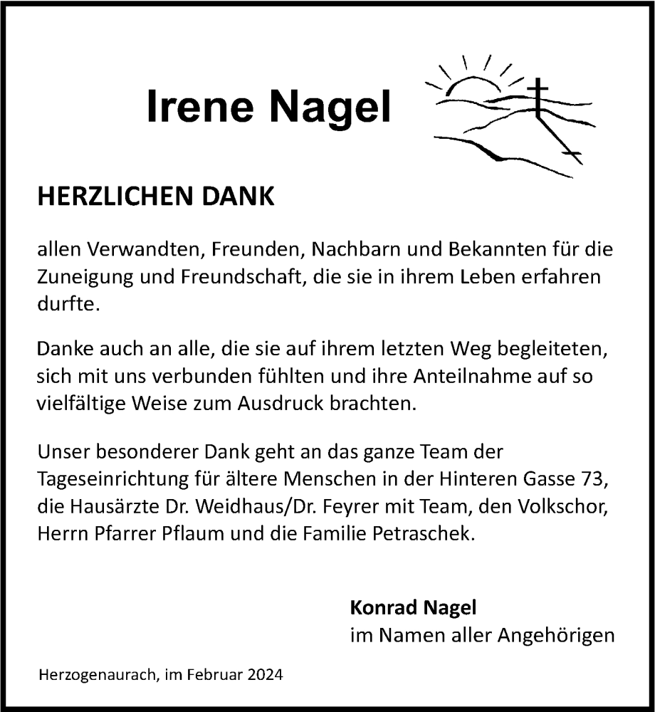  Traueranzeige für Irene Nagel vom 24.02.2024 aus Nordbayerische Nachrichten Herzogenaurach Lokal