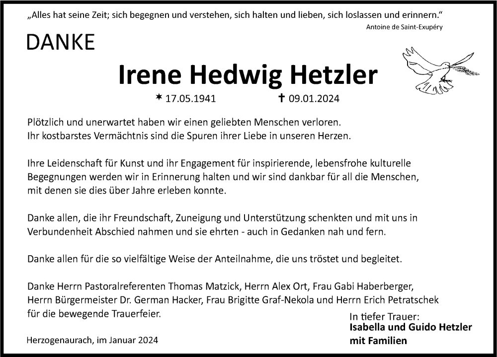  Traueranzeige für Irene Hedwig Hetzler vom 03.02.2024 aus Nordbayerische Nachrichten Herzogenaurach Lokal
