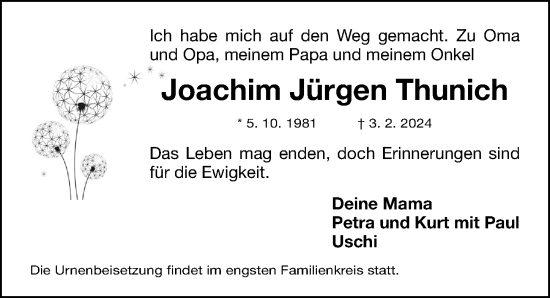 Traueranzeige von Joachim Jürgen Thunich von Gesamtausgabe Nürnberger Nachrichten/ Nürnberger Ztg.