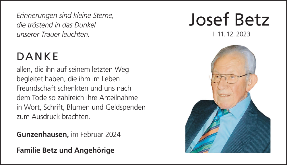  Traueranzeige für Josef Betz vom 24.02.2024 aus Altmühl-Bote Lokal
