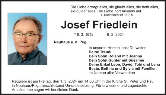 Traueranzeige von Josef Friedlein von Nordbayerische Nachrichten Pegnitz Lokal