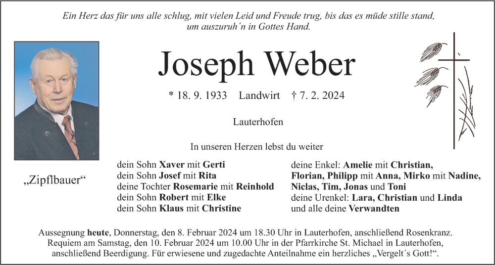  Traueranzeige für Joseph Weber vom 08.02.2024 aus Neumarkter Nachrichten Lokal